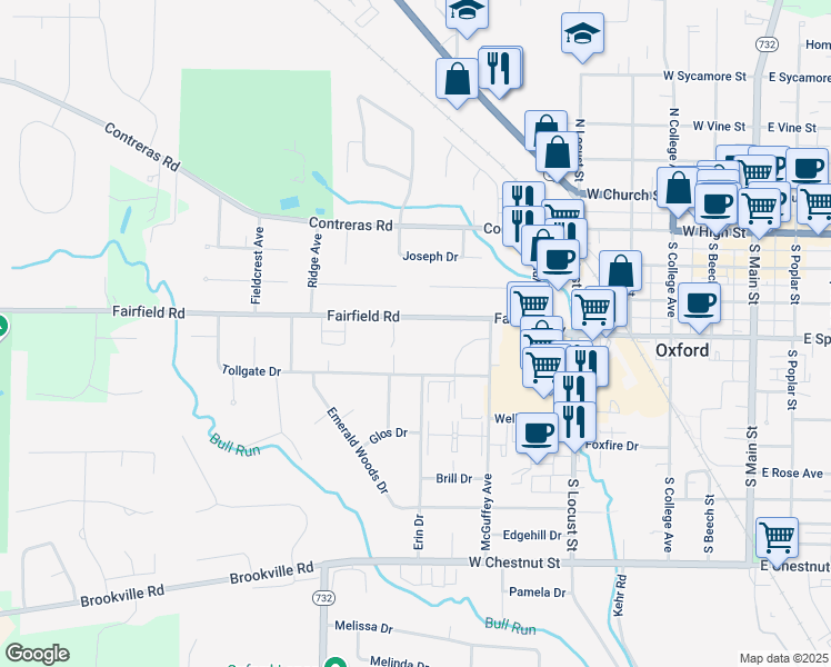 map of restaurants, bars, coffee shops, grocery stores, and more near 6099 Fairfield Road in Oxford