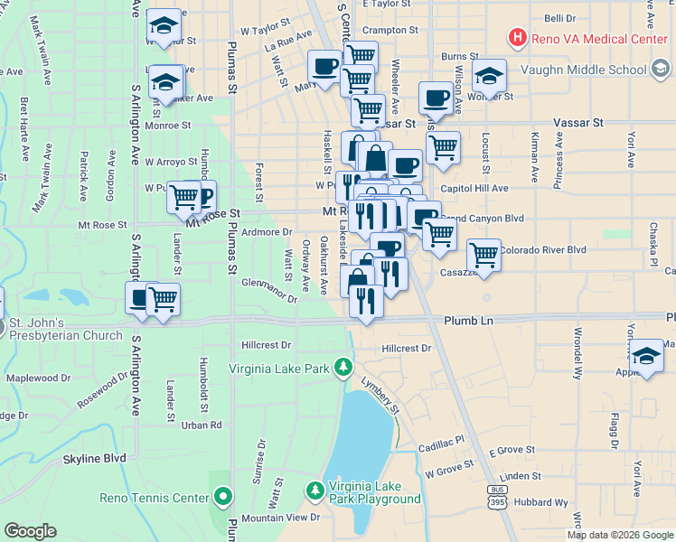 map of restaurants, bars, coffee shops, grocery stores, and more near 1692 Oakhurst Avenue in Reno