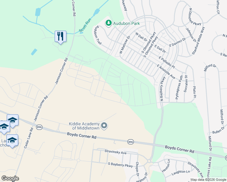 map of restaurants, bars, coffee shops, grocery stores, and more near 920 Rookery Lane in Middletown