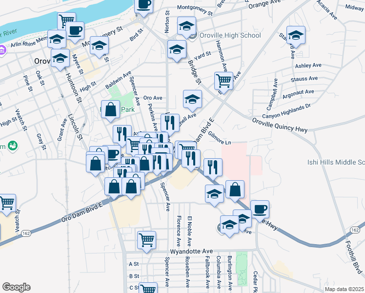map of restaurants, bars, coffee shops, grocery stores, and more near 2401-2499 Washington Avenue in Oroville