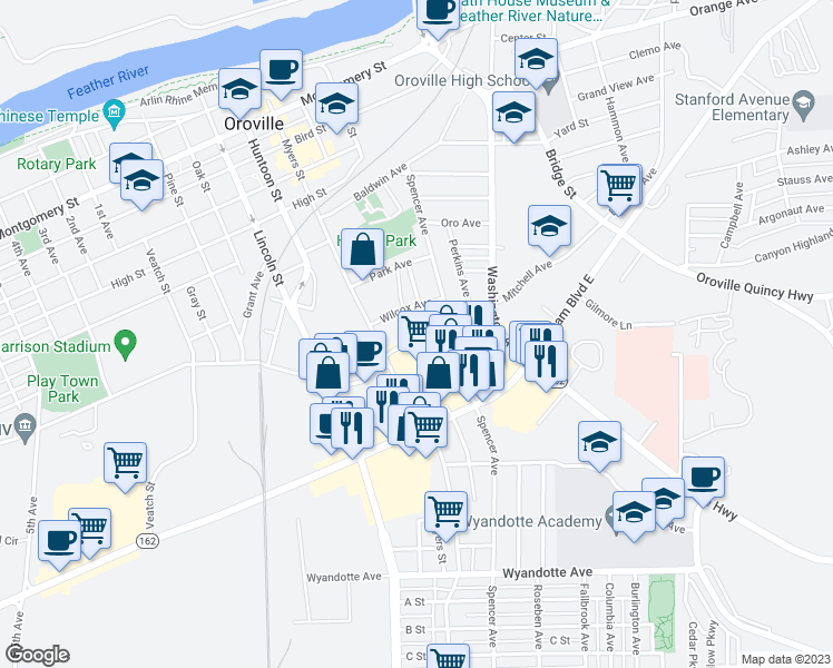 map of restaurants, bars, coffee shops, grocery stores, and more near 2170 Mitchell Avenue in Oroville