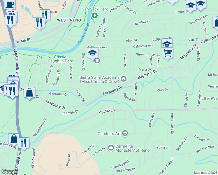 map of restaurants, bars, coffee shops, grocery stores, and more near 1140 Johnson Place in Reno
