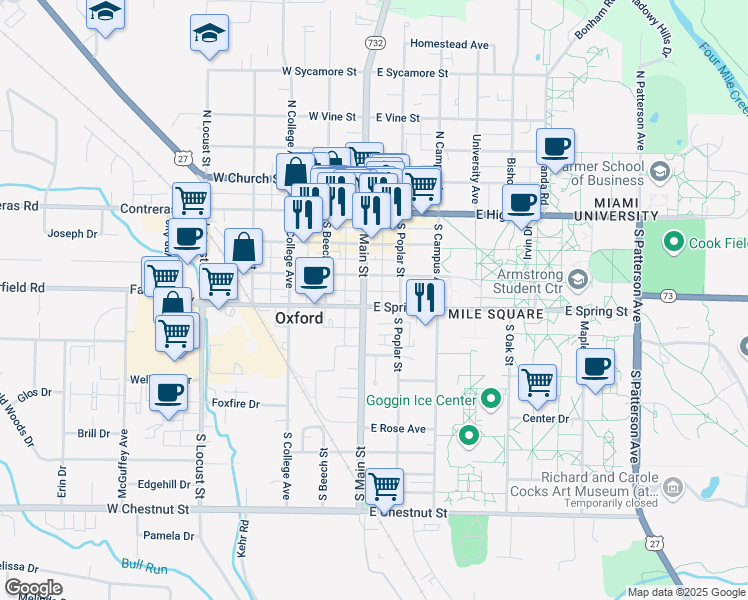 map of restaurants, bars, coffee shops, grocery stores, and more near 305 South Main Street in Oxford