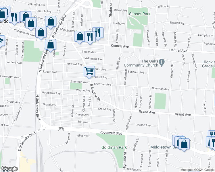 map of restaurants, bars, coffee shops, grocery stores, and more near 2408 Sherman Avenue in Middletown