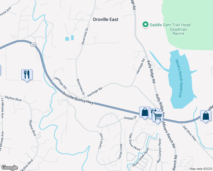 map of restaurants, bars, coffee shops, grocery stores, and more near Heritage Road in Oroville East