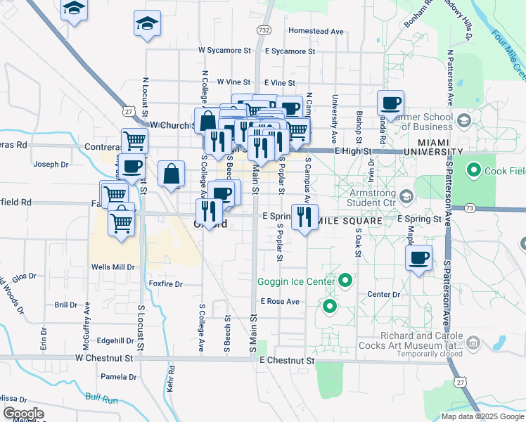 map of restaurants, bars, coffee shops, grocery stores, and more near 305 South Main Street in Oxford