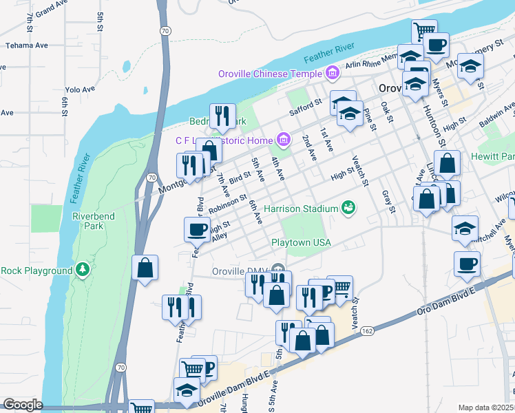 map of restaurants, bars, coffee shops, grocery stores, and more near 1575 6th Avenue in Oroville