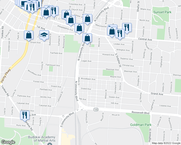 map of restaurants, bars, coffee shops, grocery stores, and more near 515 Crawford Street in Middletown