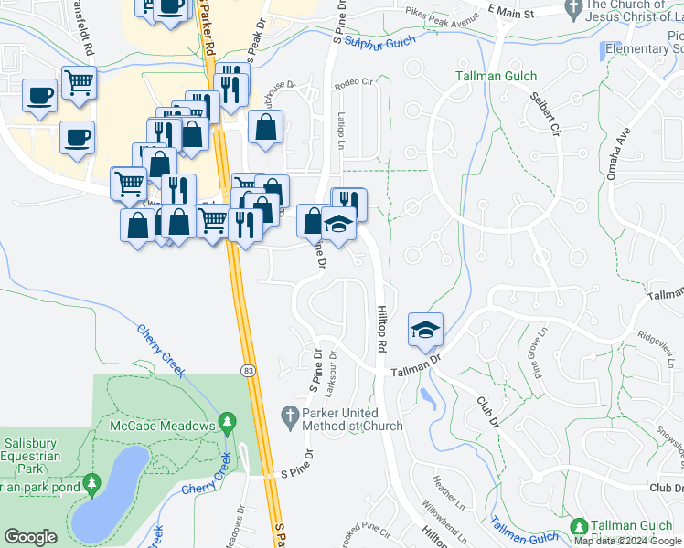 map of restaurants, bars, coffee shops, grocery stores, and more near 11499 Wilson Circle in Parker