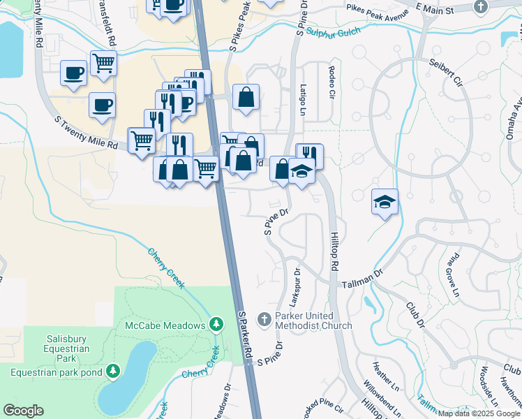 map of restaurants, bars, coffee shops, grocery stores, and more near 19647 Solar Circle in Parker