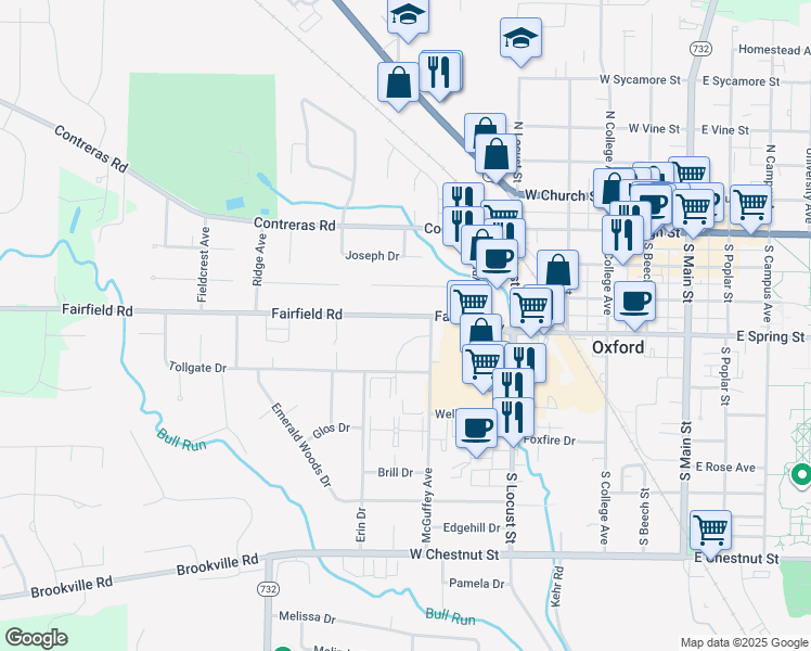 map of restaurants, bars, coffee shops, grocery stores, and more near 6025 Fairfield Road in Oxford