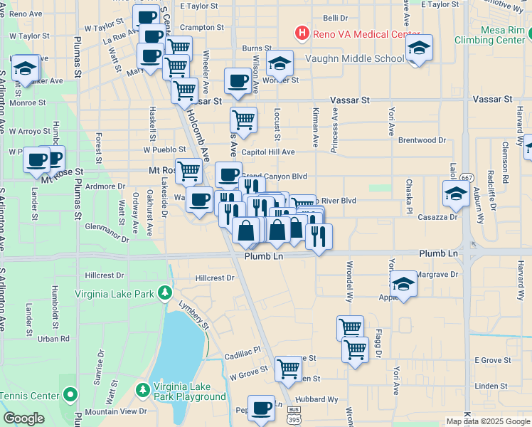 map of restaurants, bars, coffee shops, grocery stores, and more near 299 East Plumb Lane in Reno