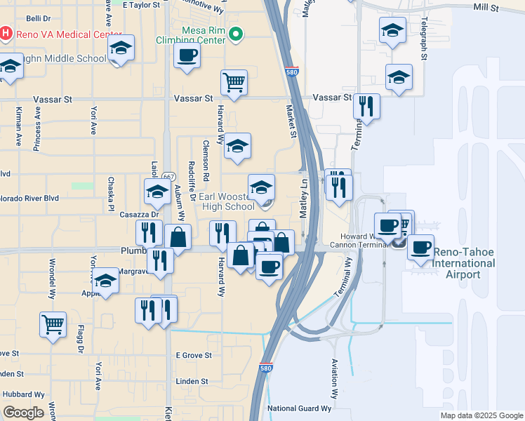 map of restaurants, bars, coffee shops, grocery stores, and more near 1331 East Plumb Lane in Reno