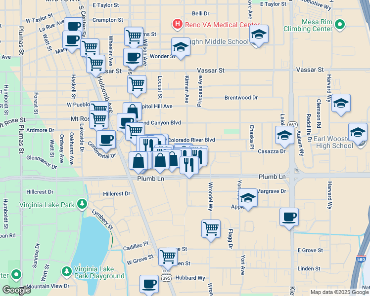 map of restaurants, bars, coffee shops, grocery stores, and more near 365 East Plumb Lane in Reno