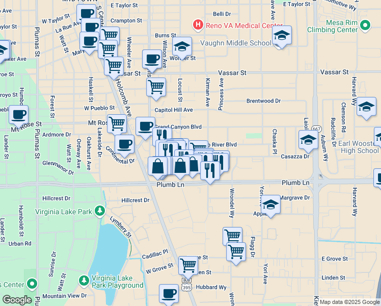 map of restaurants, bars, coffee shops, grocery stores, and more near 365 East Plumb Lane in Reno