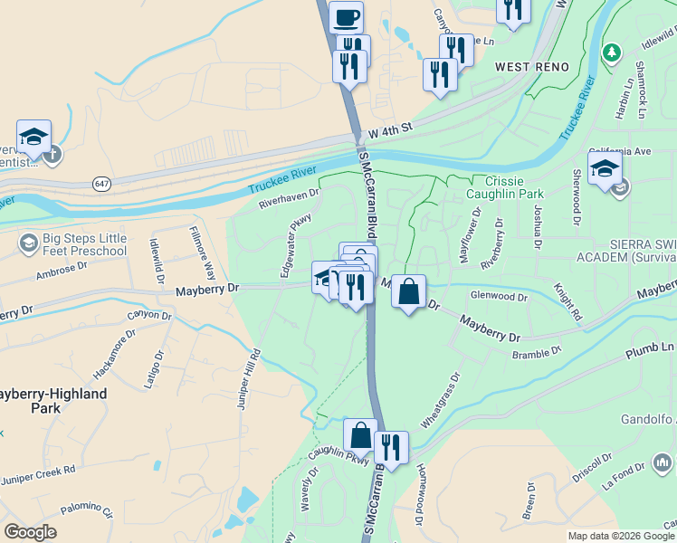 map of restaurants, bars, coffee shops, grocery stores, and more near 4000 Mayberry Drive in Reno