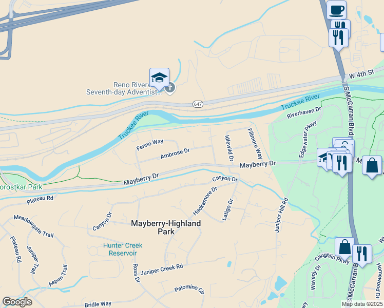 map of restaurants, bars, coffee shops, grocery stores, and more near 5135 Mayberry Drive in Reno