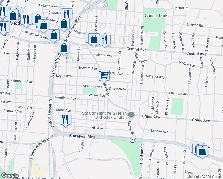 map of restaurants, bars, coffee shops, grocery stores, and more near 515 South Sutphin Street in Middletown