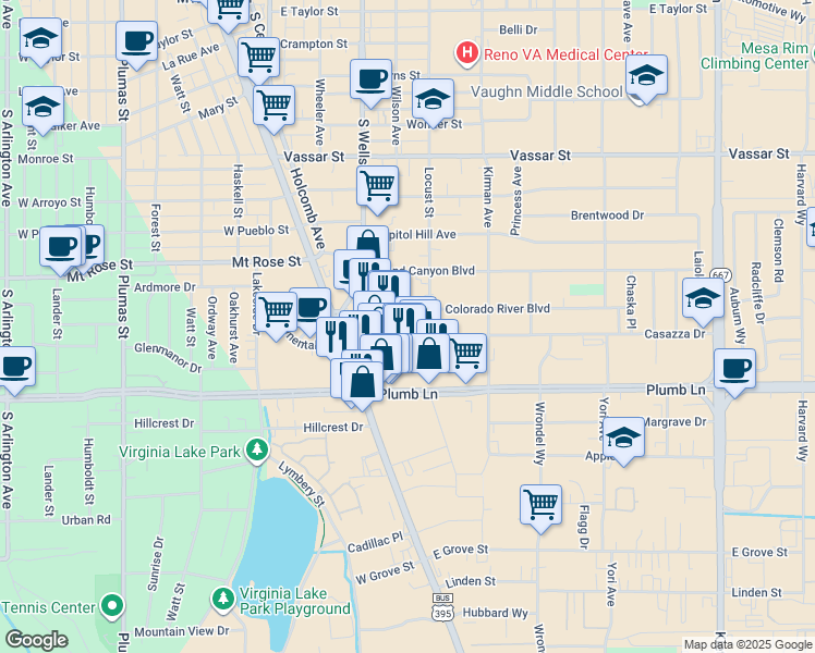map of restaurants, bars, coffee shops, grocery stores, and more near 279 East Plumb Lane in Reno