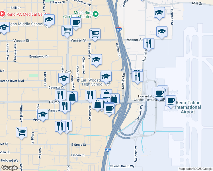 map of restaurants, bars, coffee shops, grocery stores, and more near 1331 East Plumb Lane in Reno