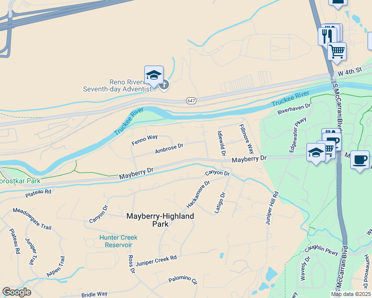 map of restaurants, bars, coffee shops, grocery stores, and more near 5135 Mayberry Drive in Reno