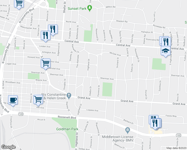 map of restaurants, bars, coffee shops, grocery stores, and more near 2801 Sherman Avenue in Middletown