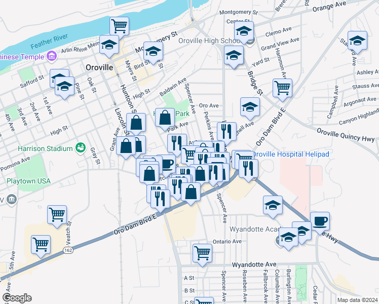 map of restaurants, bars, coffee shops, grocery stores, and more near 2262 Hewitt Avenue in Oroville