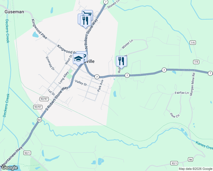 map of restaurants, bars, coffee shops, grocery stores, and more near 27 Park Avenue in Albright