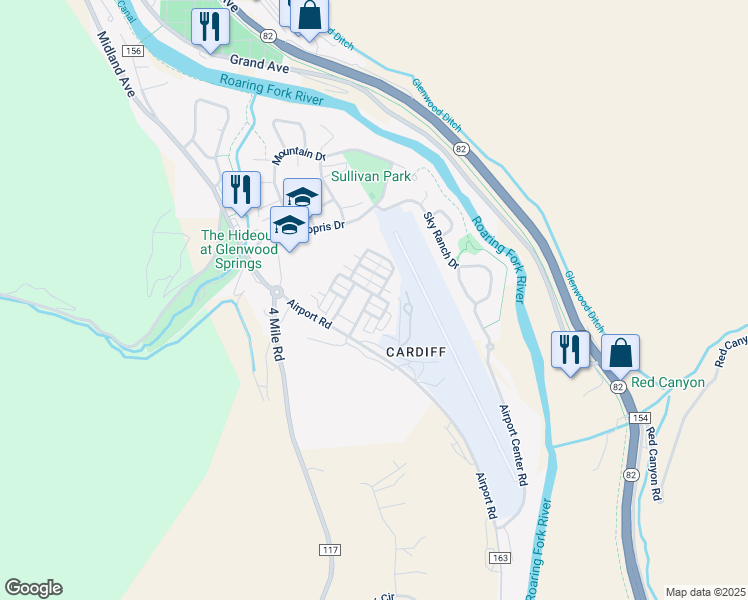 map of restaurants, bars, coffee shops, grocery stores, and more near 1546 Sheperds Lane in Glenwood Springs