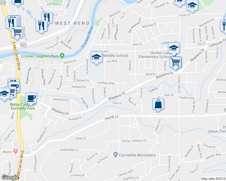 map of restaurants, bars, coffee shops, grocery stores, and more near 1001-1045 Johnson Place in Reno