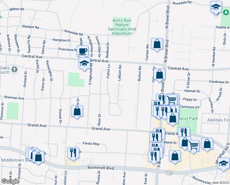 map of restaurants, bars, coffee shops, grocery stores, and more near 206 Lylburn Road in Middletown