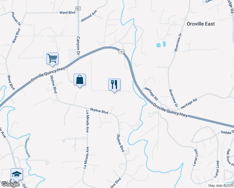 map of restaurants, bars, coffee shops, grocery stores, and more near 72 Quail Hill Place in Oroville
