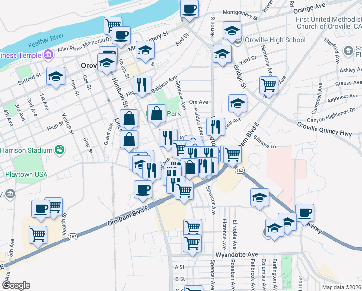 map of restaurants, bars, coffee shops, grocery stores, and more near 2262 Hewitt Avenue in Oroville