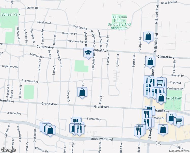 map of restaurants, bars, coffee shops, grocery stores, and more near 209 South Highview Road in Middletown