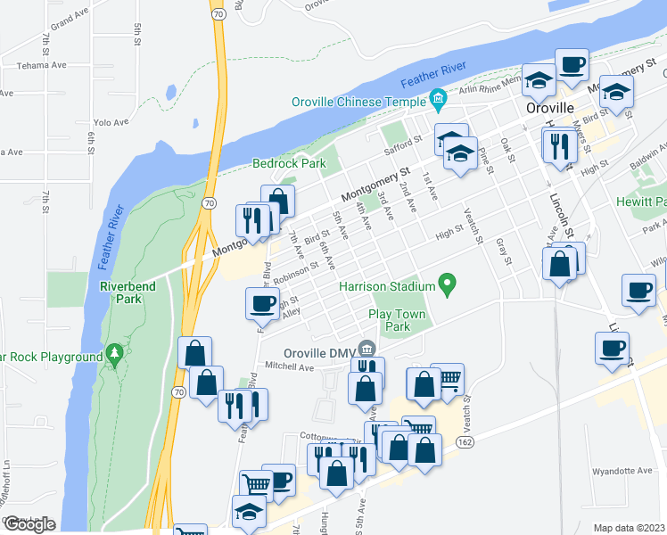 map of restaurants, bars, coffee shops, grocery stores, and more near 1539 6th Avenue in Oroville