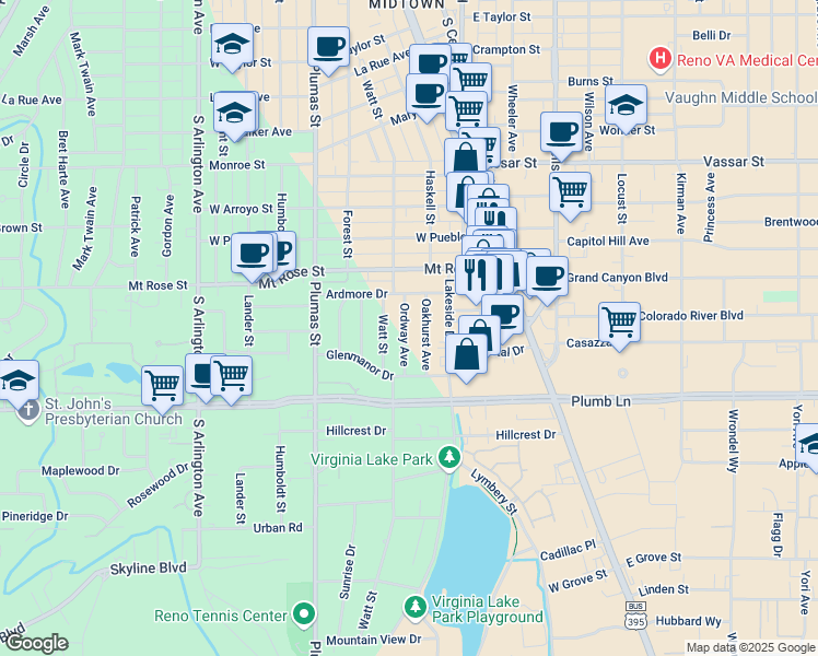 map of restaurants, bars, coffee shops, grocery stores, and more near 1646 Ordway Avenue in Reno