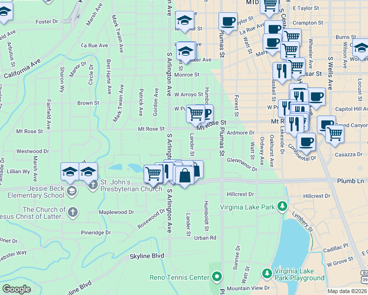 map of restaurants, bars, coffee shops, grocery stores, and more near 1575 Lander Street in Reno