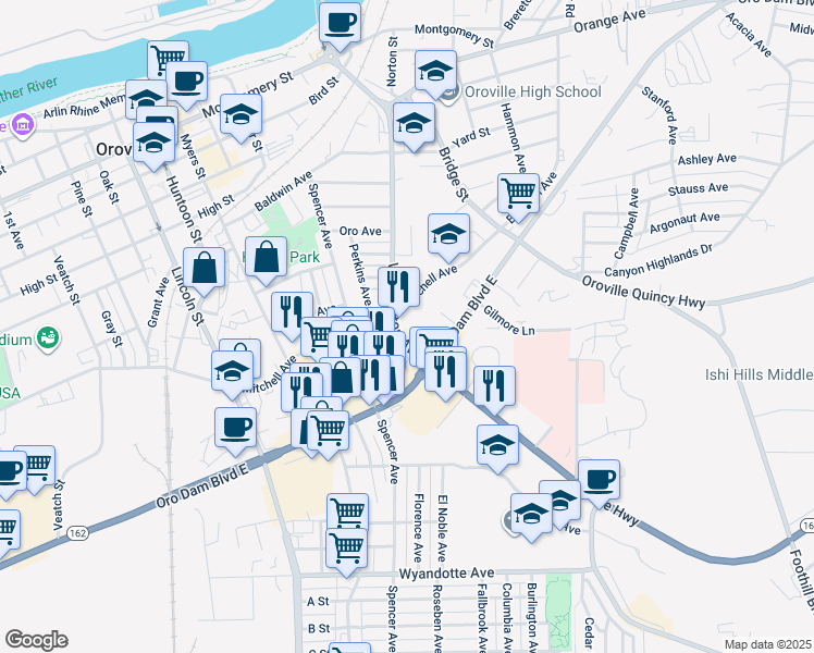 map of restaurants, bars, coffee shops, grocery stores, and more near 2721 Mitchell Avenue in Oroville