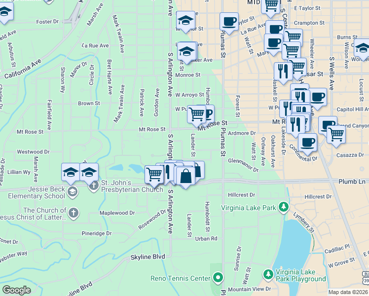 map of restaurants, bars, coffee shops, grocery stores, and more near 1575 Lander Street in Reno