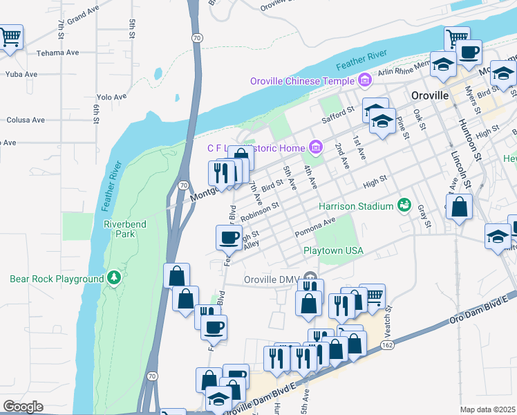 map of restaurants, bars, coffee shops, grocery stores, and more near 680 Robinson Street in Oroville