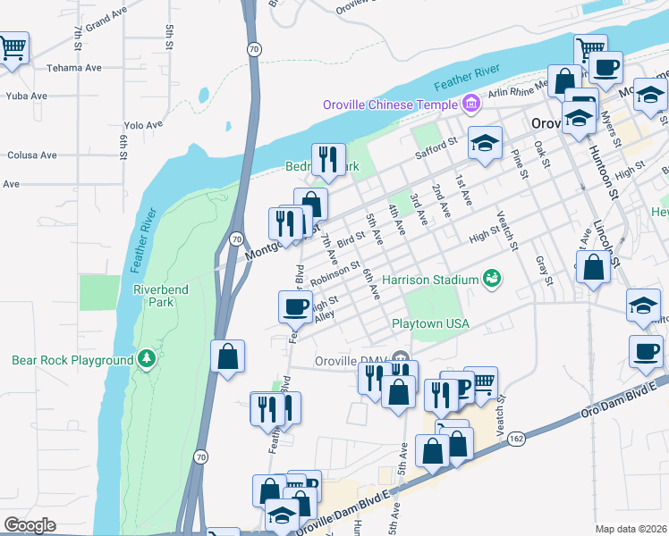 map of restaurants, bars, coffee shops, grocery stores, and more near 680 Robinson Street in Oroville