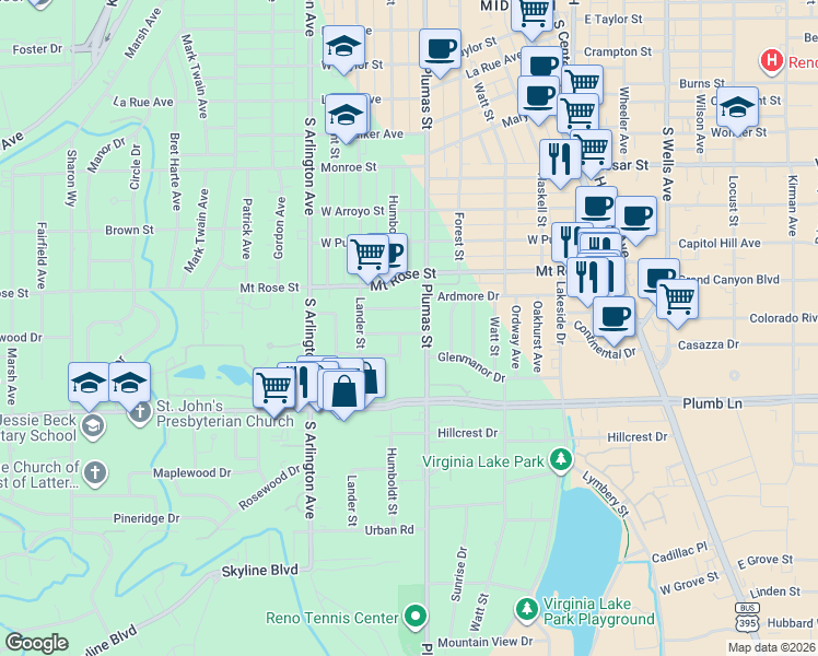 map of restaurants, bars, coffee shops, grocery stores, and more near 24A Kohlepp Avenue in Reno