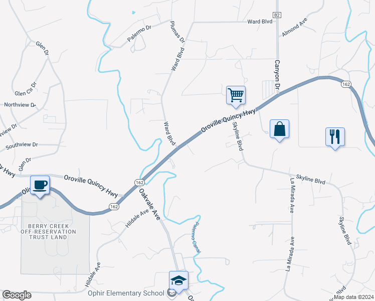 map of restaurants, bars, coffee shops, grocery stores, and more near Olive Highway in Oroville