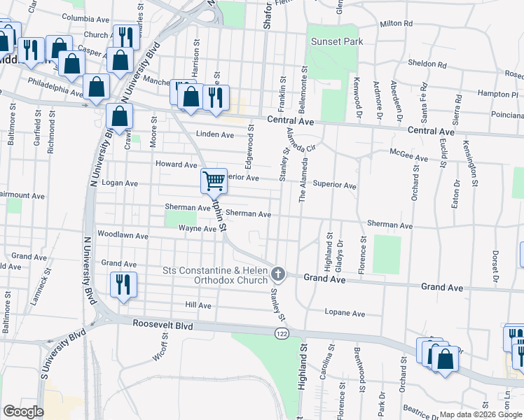 map of restaurants, bars, coffee shops, grocery stores, and more near 2413 Sherman Avenue in Middletown