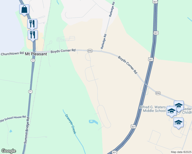 map of restaurants, bars, coffee shops, grocery stores, and more near 1429 Whispering Woods Road in Middletown