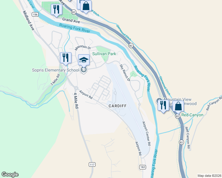map of restaurants, bars, coffee shops, grocery stores, and more near 92 County Road 160 in Glenwood Springs