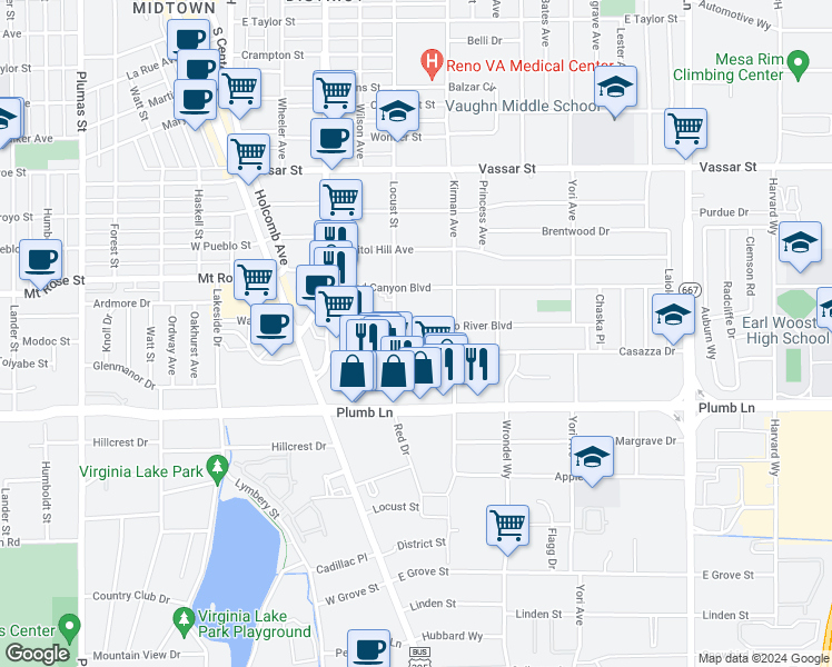 map of restaurants, bars, coffee shops, grocery stores, and more near 565 Colorado River Boulevard in Reno