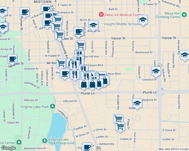 map of restaurants, bars, coffee shops, grocery stores, and more near 1680 Locust Street in Reno