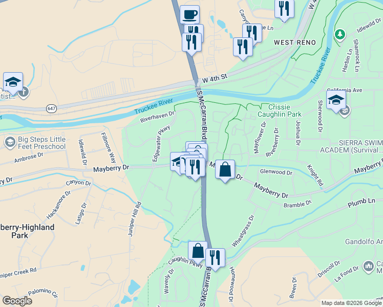 map of restaurants, bars, coffee shops, grocery stores, and more near 230 Brooktrail Drive in Reno