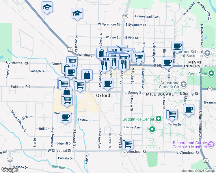 map of restaurants, bars, coffee shops, grocery stores, and more near 121 South Beech Street in Oxford